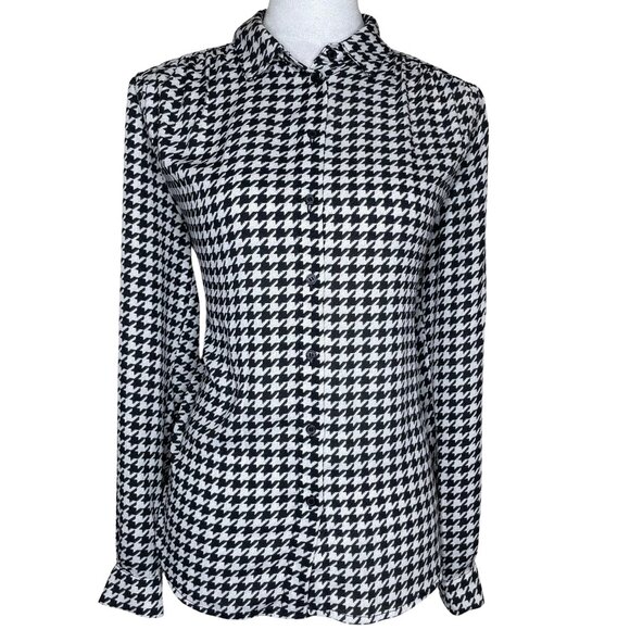 H&M Women's Houndstooth Long Sleeve Collared Button Down Blouse Top Small - Picture 1 of 13
